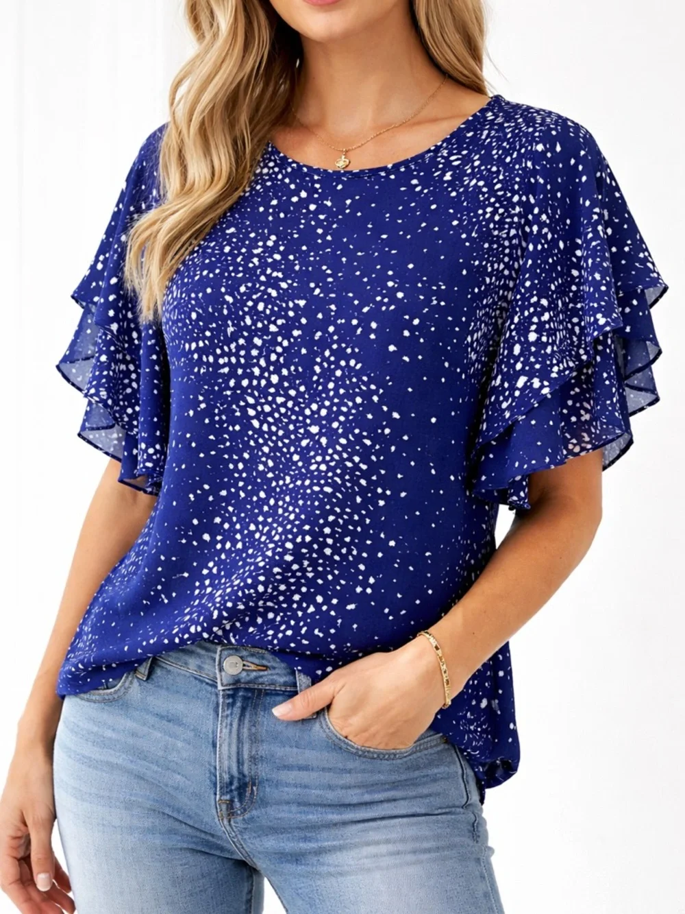 Worthington Blue Speckled Flutter Sleeve Blouse Size Large Lightweight Flowy Top - Picture 2 of 8